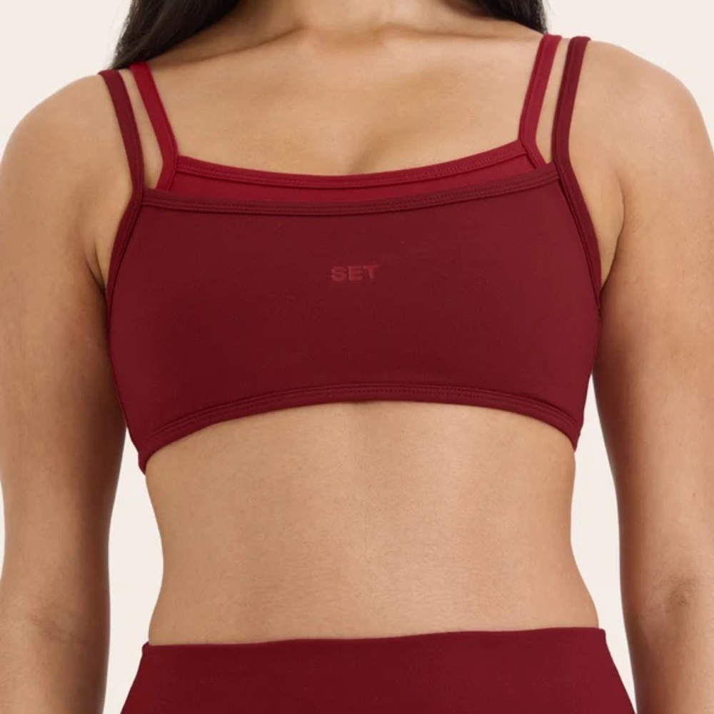 SET Active Double-Strap Sports Bra in Deep Wine Red with matching leggings